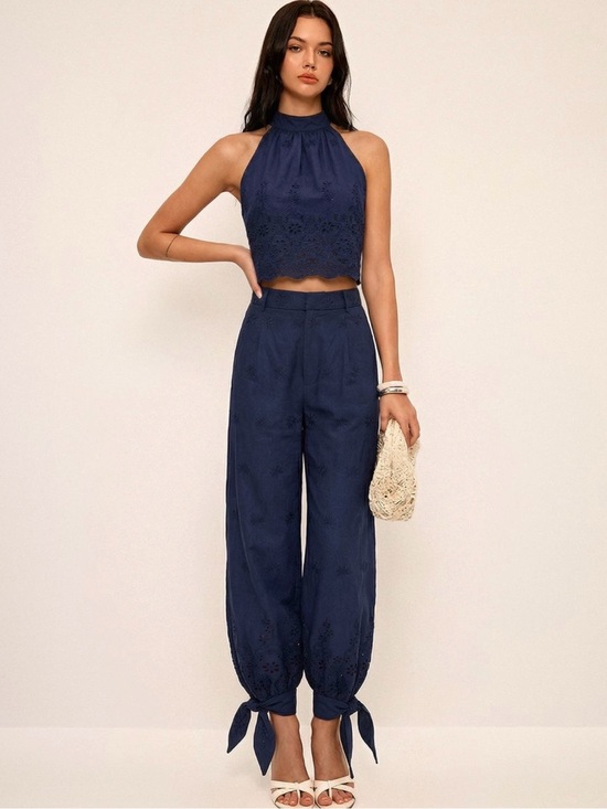 Commense Pants - Commense Navy Eyelet Embroidery Top with Matching Tie-Cuff Pants Set